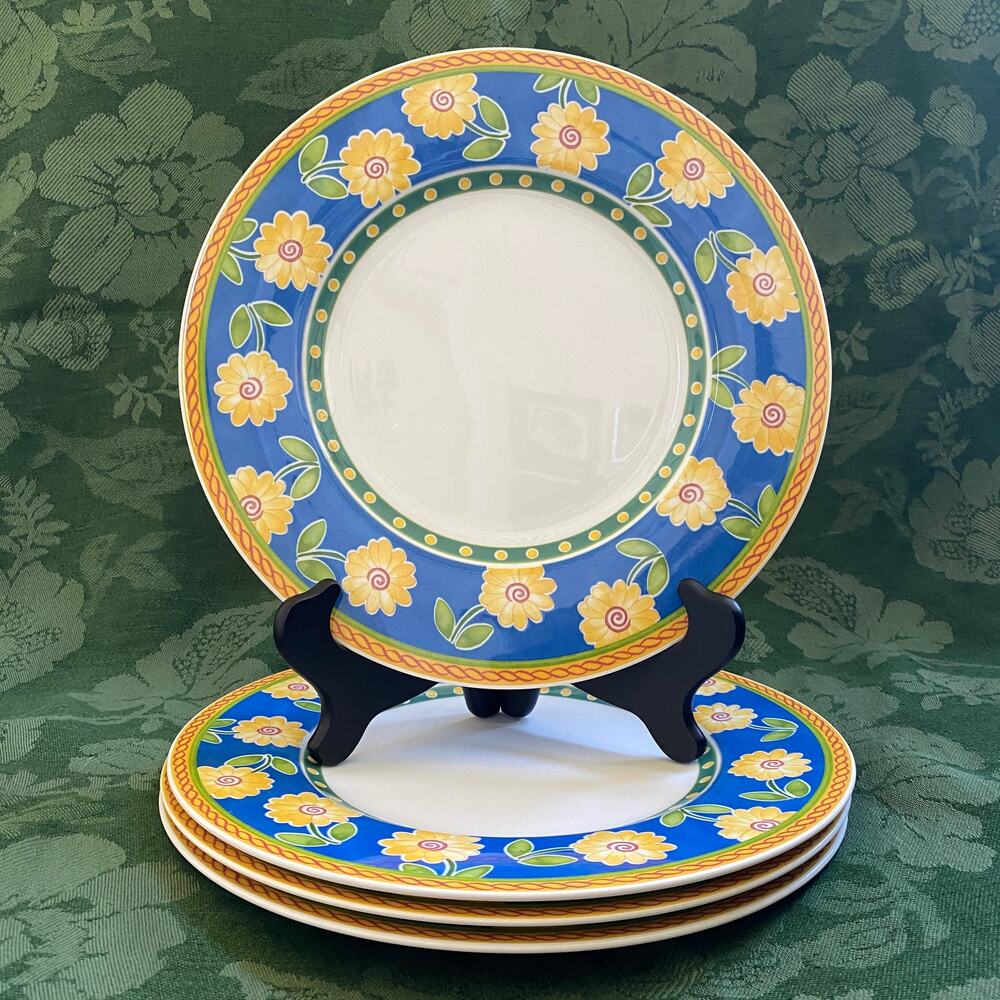 4 Villeroy Boch Twist Clea Dinner Plate Set Sunflowers Blue Excellent Condition